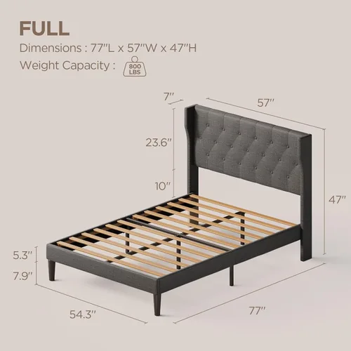 Miniatura 2 de Aiho Base de cama de tamaño matrimonial con cabecera copetuda con botones en la parte trasera, base de cama tapizada, soporte de listones de madera