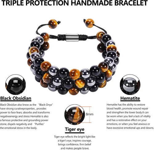 Miniatura 3 de Pulsera de Triple Protección - Para Protección - Trae Suerte y Prosperidad - Hematita - Obsidiana Negra - Ojo de Tigre - Pulsera de Piedra