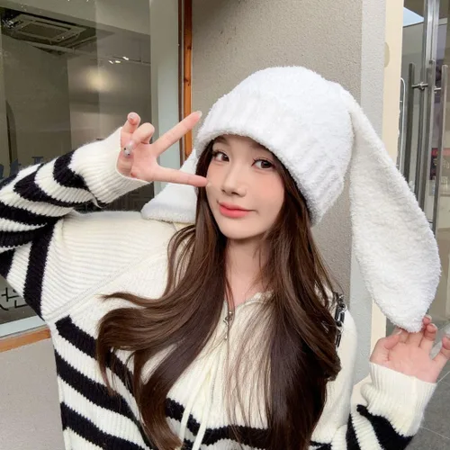 Miniatura 4 de Fauxfur Y2k - Gorro de conejo para mujer, gorro de invierno cálido con diseño de calavera y pompón, sombrero holgado
