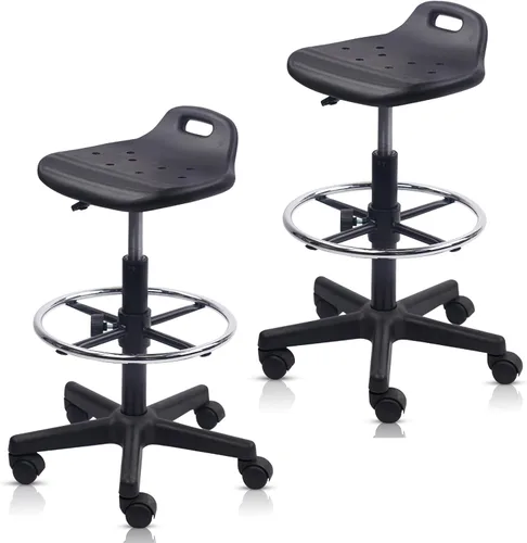 Miniatura 14 de KLASIKA Taburete alto con ruedas de dibujo con soporte de respaldo bajo y anillos ajustables para reposapiés, juego de 2 sillas de escritorio negro