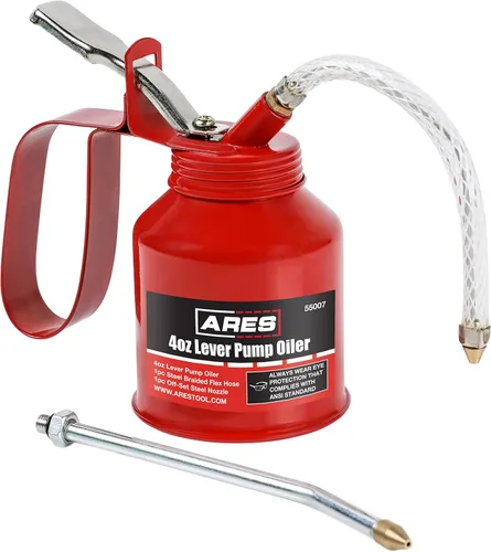 Miniatura 11 de ARES 55024 - Lata aceitera estilo palanca gris de 4 onzas - Incluye manguera flexible trenzada de acero y boquilla de acero rígido descentrada