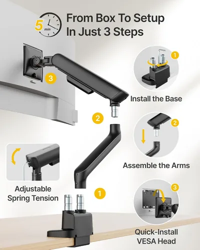 Miniatura 7 de monTEK Brazo de monitor dual con resorte mecánico para pantallas de 17 a 35 pulgadas, aluminio de grado aeroespacial, abrazadera en C y soporte