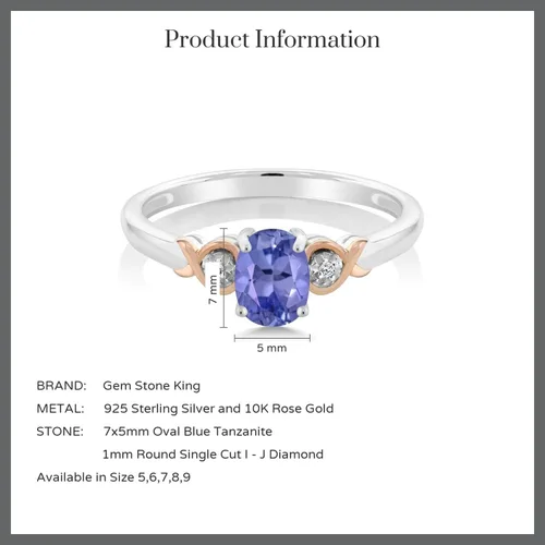 Miniatura 51 de Gem Stone King Anillo de compromiso de plata de ley 925 y oro rosa de 10 quilates, piedra preciosa ovalada de 0.276 x 0.197 in, con acento