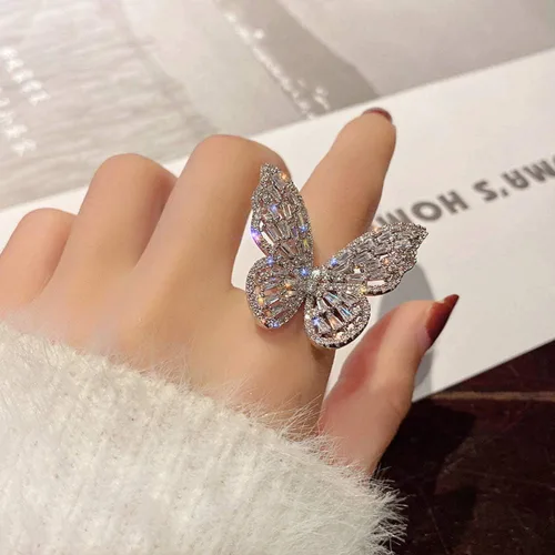 Miniatura 2 de Aimimier - Anillo de mariposa con circonita cúbica, anillo de nudillos de cristal brillante, joyería de boda para mujeres y niñas (plateado)