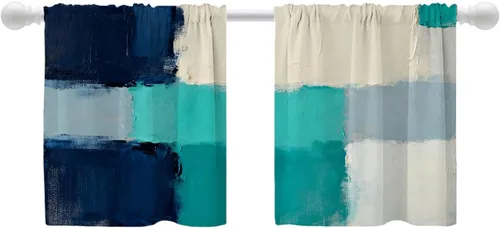 Miniatura 204 de Shrahala Beige and Orange Abstract Art Brushstrokes Blackout Curtain Tiers, Abstract Oil Paint Kitchen Valance Light Blocking Tier Drapes with Rod