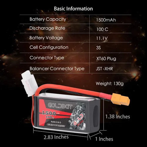 GOLDBAT Paquete de batería Lipo de 1500mAh 3S 11.1V 100C Softcase con enchufe XT60 para capra axial, Skylark m4-fpv250, mini trituradora 200,