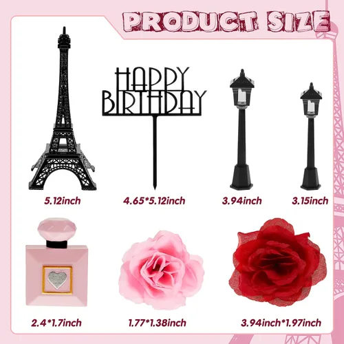 Miniatura 2 de Juego de 8 decoraciones para tartas de la Torre Eiffel de París, decoración romántica de 7 pulgadas con lámpara de calle y rosa para cumpleaños