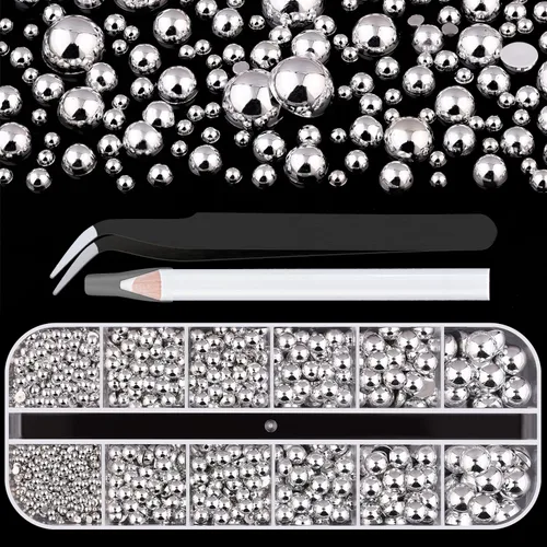 Miniatura 10 de Kit de 2700 perlas con parte trasera plana, 1 caja de color blanco con parte trasera plana + 1 caja de perlas pequeñas de color beige medio redondo