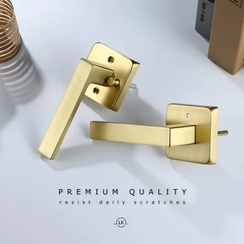 Miniatura 7 de Linkaa Palancas de puerta de latón satinado dorado con cerradura de privacidad, cerradura de palanca de puerta cuadrada sin llave
