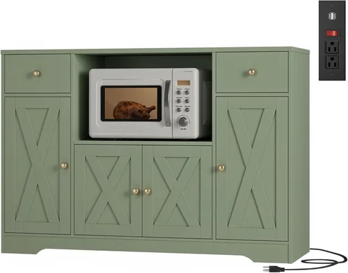 HOSTACK Armario de microondas con estación de carga, armario de almacenamiento de cocina de 47 pulgadas de ancho con soporte para microondas, Verde
