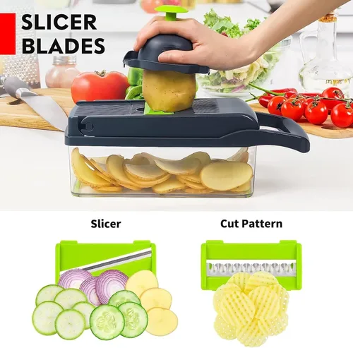 Miniatura 3 de Cortador de verduras 16 en 1 Pro cebolla y alimentos Cortador de verduras con 11 cuchillas y recipiente, juego de utensilios de cocina para cocinar