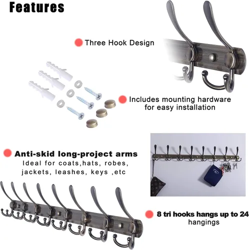 Miniatura 6 de Dseap - Perchero para pared, 5 ganchos triples, resistente, acero inoxidable, riel de gancho de metal para abrigos, sombreros, toallas, bolsos