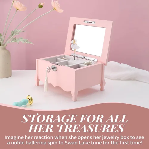 Miniatura 4 de Joyero musical de bailarina de pies grandes con espejo y cerradura para niñas, caja de almacenamiento de joyas rosa para niños, organizador de joyas