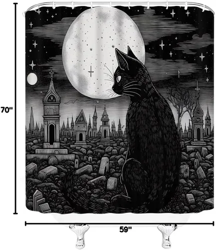 Miniatura 8 de Cortina de ducha de gato negro para Halloween, diseño de tarot psíquico gótico, tablero de Ouija, cementerio espeluznante para decoración de baño