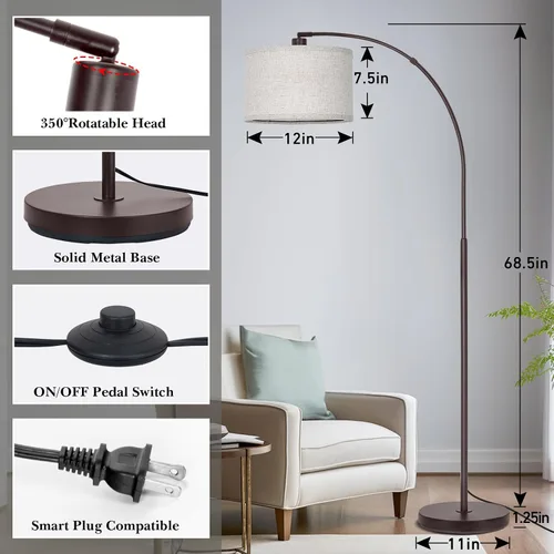 Miniatura 3 de Lámpara de pie para sala de estar, lámpara de pie de arco con cabezal de lámpara ajustable, lámpara de pie de poste alto con interruptor de pedal