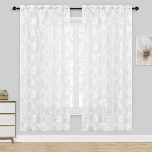 Miniatura 47 de DWCN Paquete de 2 cenefas de encaje floral para cocina, 52 x 18 pulgadas, con bolsillo para barra, cortina de gasa para ventana pequeña, cocina