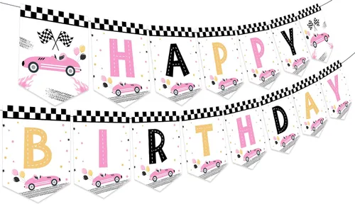 Miniatura 2 de Sursurprise Decoraciones de cumpleaños de coche de carreras para niñas, pancarta de feliz cumpleaños de coche de carreras, color rosa, suministros