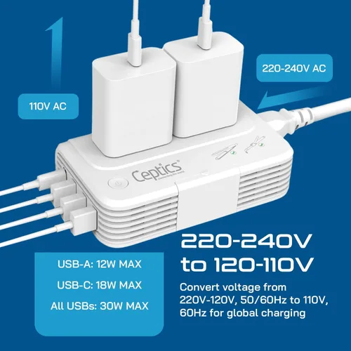 Miniatura 6 de Adaptador de conexión universal a tierra Ceptics, 4 USB + convertidores 150 W, Blanco