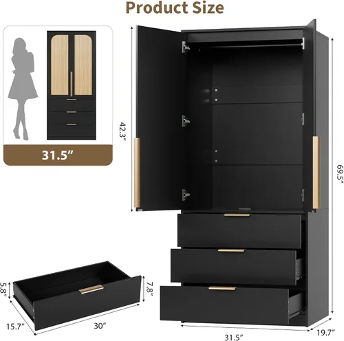 Miniatura 2 de GarveeHome Armario Armario, armario de madera de 69.5 pulgadas con 3 cajones, barra para colgar, armario de almacenamiento de ropa de 2 puertas