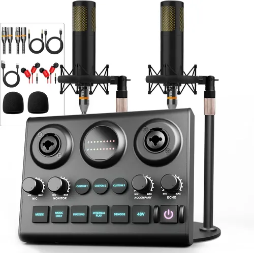 Paquete de equipo de podcast para 2, mezclador de audio con micrófono dinámico de podcast, alimentación fantasma de 48V, cambio de voz para