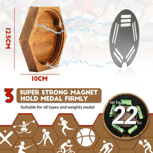 Miniatura 2 de JupDec Perchero para medallas de exhibición en panal de madera hexagonal para pared, con imanes fuertes y soporte de medallas redondo de hierro