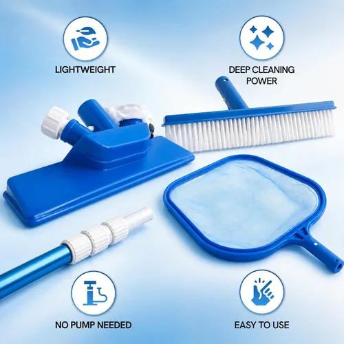 Miniatura 2 de FibroPool Kit de mantenimiento de piscina sobre el suelo – Poste telescópico, red desnatadora de hojas, cabezal de vacío, cepillo de piscina