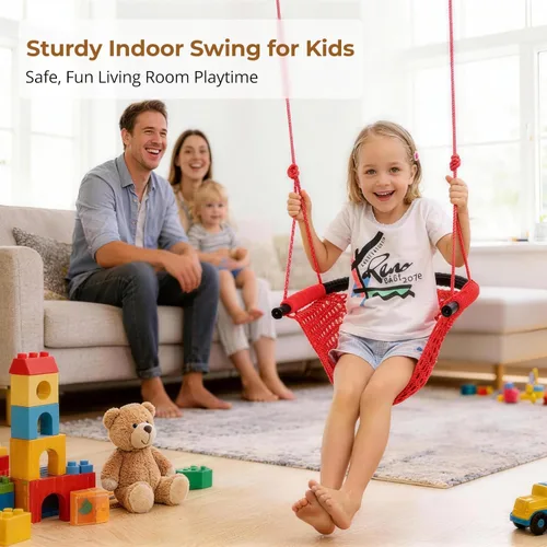 Miniatura 7 de Asiento de columpio para niños de servicio pesado, cuerda de juego, juego de columpio seguro para niños, perfecto para interiores, exteriores, Rojo
