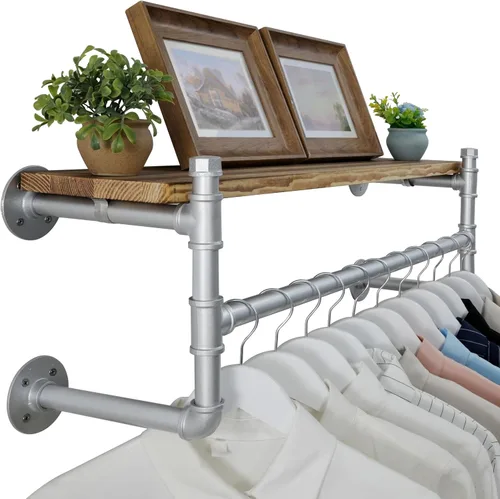 Miniatura 16 de WEBI Perchero de pared con estante, perchero industrial de 24 pulgadas con estantes, barra de ropa de hierro resistente, barra de ropa de exhibición