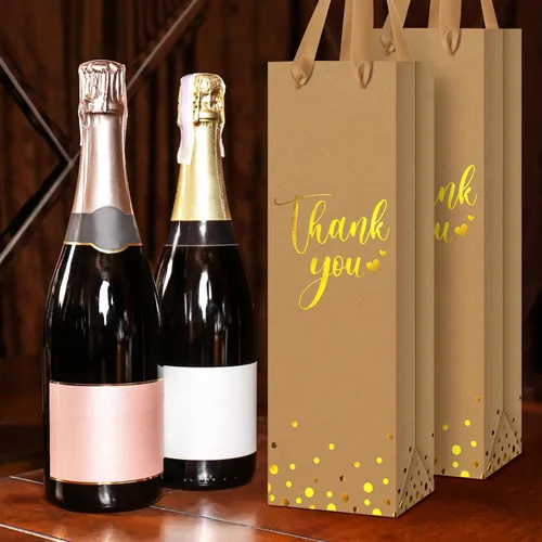 Miniatura 5 de Ctosree 30 bolsas de regalo para botellas de vino con asa de 4.3 x 3.5 x 13.7 pulgadas, bolsa de papel de licor para agradecimiento, papel de Marrón