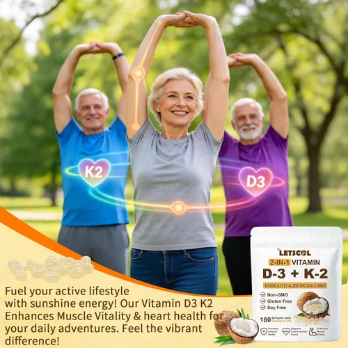 Miniatura 7 de Suplemento de vitamina D3 K2 2 en 1 Softgel, vitamina D3 10000 UI y vitamina K2 200 mcg, K2 MK7 con suplemento de vitamina D3 que apoya la salud