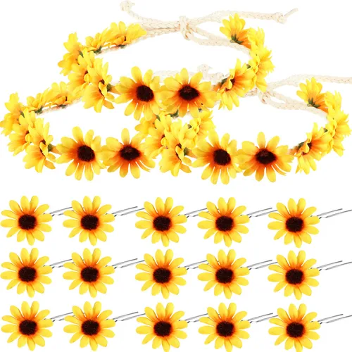 18 accesorios para el cabello de girasol, 3 diademas florales y 15 pinzas para el cabello para mujeres y niñas, corona bohemia de girasol, corona