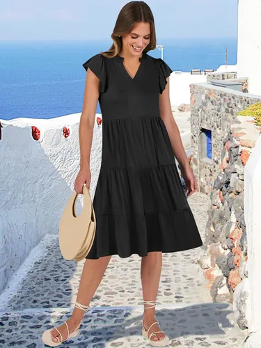 Miniatura 5 de ANRABESS Vestido de verano para mujer, manga con volantes, cuello en V, vestido midi a la moda, casual, holgado, escalonado, bohemio, playa