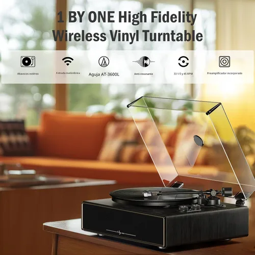 Miniatura 6 de 1 by ONE Reproductor de Discos de Alta Fidelidad Todo en Uno, Tocadiscos de Vinilo con Altavoces Integrados, Cartucho Magnético AT-3600L, Salida