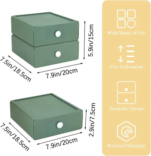 Miniatura 2 de Organizador de escritorio de 2 piezas, cajas de almacenamiento apilables con 2 cajones de plástico, cajones organizadores de escritorio con 2