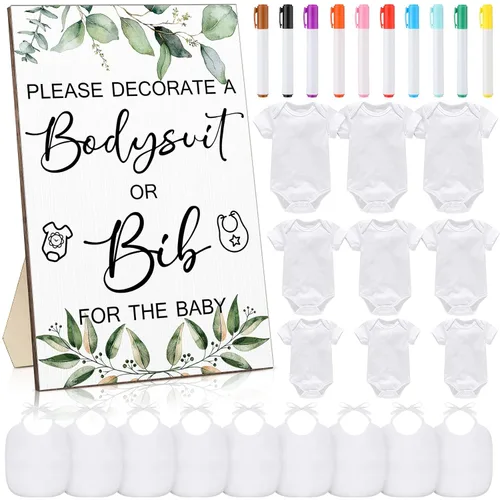 Miniatura 8 de Roowest 35 Piezas Baberos para Baby Shower Juegos Diseño Letrero de Madera para Juego de Fiesta de Baby Shower DIY Letrero de Body 15 Baberos