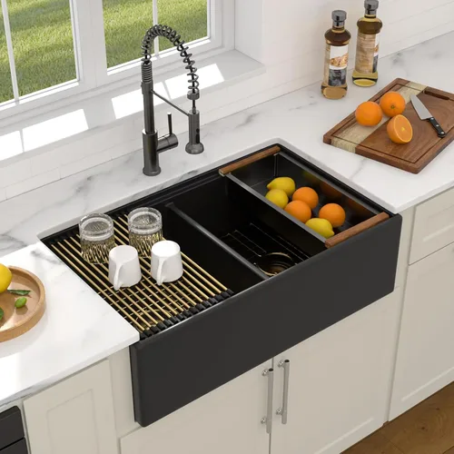 Miniatura 10 de Dcolora Fregadero de porcelana de cerámica negra de 33 pulgadas, fregadero de cocina frontal con delantal de arcilla refractaria con accesorios