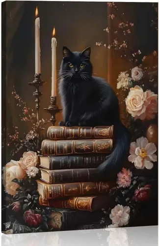 Arte de pared enmarcado oscuro de Academia Moody, libro de flores silvestres de gato negro victoriano, decoración de pared, pintura de cuadros,