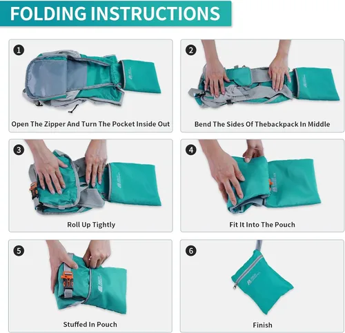 Miniatura 6 de Mochila de senderismo de 10L/15L, pequeña, ligera, plegable, para viajes, resistente al agua, para mujeres y hombres (Verde Lago, 10L)