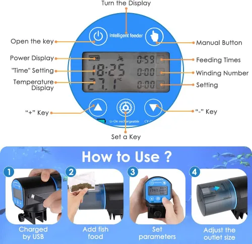 Miniatura 5 de Lukovee Comedero automático para peces, pantalla de tiempo de alimentación, temporizador recargable por USB, dispensador de alimentos para acuarios