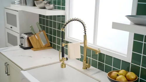 Miniatura 7 de Fapully Grifo de cocina de una sola manija con arco alto, dorado cepillado, extraíble con LED, grifos de fregadero de cocina de una sola palanca