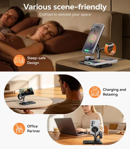 Miniatura 8 de Meifigno Estación de carga magnética 5 en 1 de 45 W para Samsung, soporte de cargador inalámbrico para teléfono dual y Galaxy Watch, cargador rápido