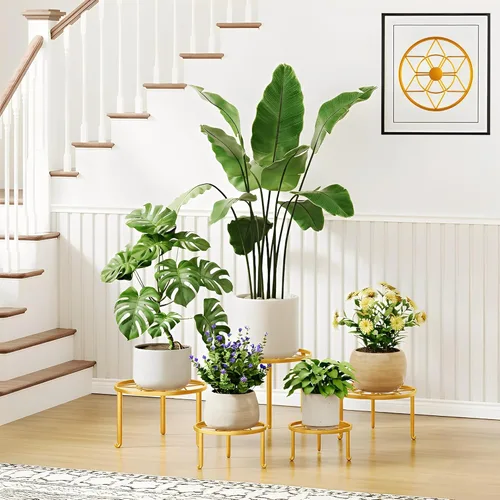Miniatura 9 de Paquete de 5 soportes para macetas de hierro resistentes a la oxidación para interiores y exteriores, soporte decorativo redondo para flores