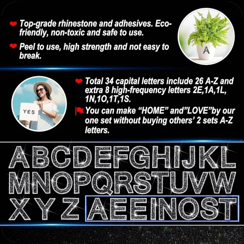 Miniatura 4 de 34 piezas de calcomanías de letras con diamantes de imitación brillantes con purpurina del alfabeto A-Z, letras autoadhesivas de cristal