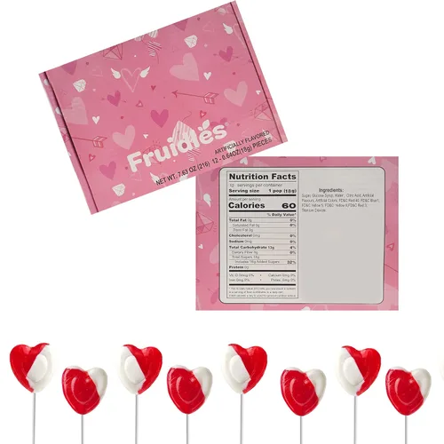 Miniatura 7 de Piruletas con forma de corazón rojo sabor fresa y crema, 12 paletas, envueltas individualmente