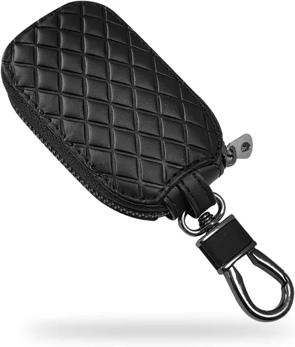 Funda universal para llave de automóvil, funda de cuero para llavero inteligente, protector antiarañazos con cremallera y gancho de metal (cuadros