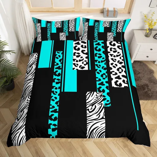 Juego de ropa de cama con estampado de cebra de leopardo, tamaño Queen, para niños, color verde azulado, blanco, negro, juego de funda de edredón