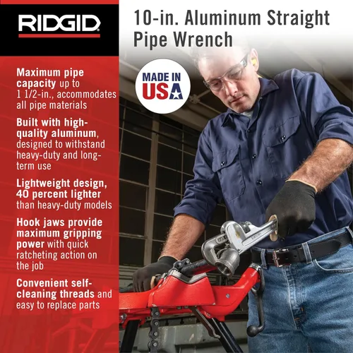 Miniatura 3 de RIDGID 31090 Llave de tubo recto de aluminio, llave de fontanería resistente de 10 pulgadas con hilos autolimpiantes y mordazas de gancho