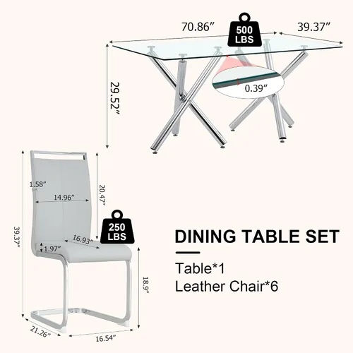 Miniatura 5 de Juego de 6 mesas de comedor de cristal, moderno juego de mesa de comedor de vidrio templado rectangular transparente de 71 pulgadas y 6 sillas