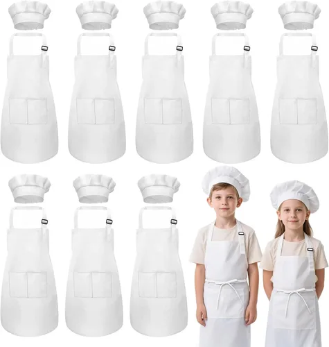 Miniatura 9 de Juego de delantal y sombrero de chef para niños, 24 piezas con 2 bolsillos ajustables para cocinar, aula, hornear, pintura, 6 a 13 años