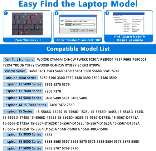 Miniatura 3 de WDX0R - Batería para portátil compatible con Dell Inspiron 13, 14, 15, 7000, 5000, Series 5379, 5567, 5570, 5579, 7378, 7573, 7579, Latitude 3500